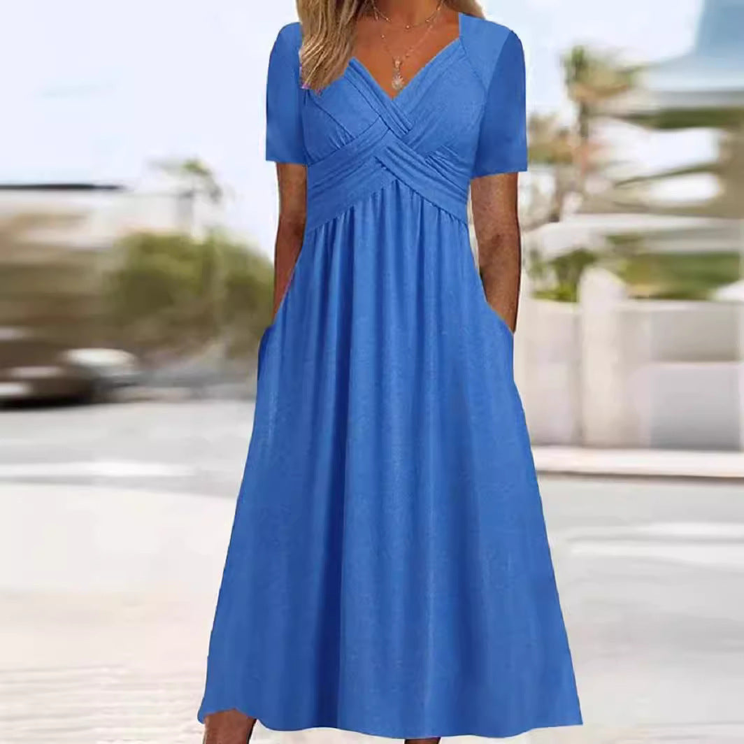 Robe longue Femme Col en V Fluide Manches Courtes Poches - PanierRoyale