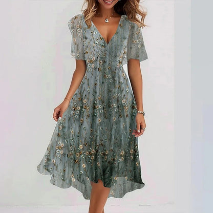 Robe Été en Chiffon Fleuri pour Femme avec Col en V
