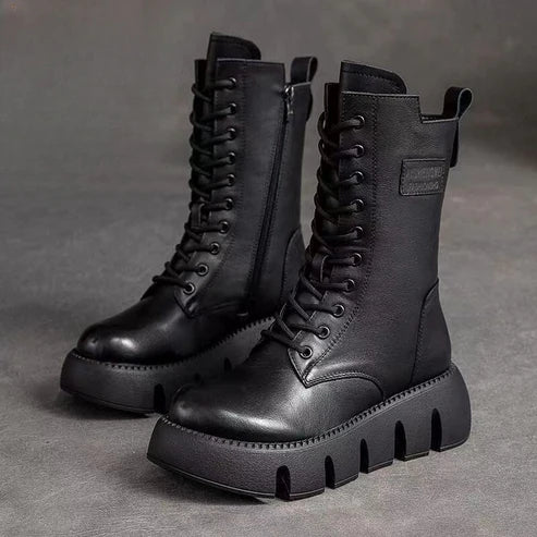 Bottes Cuir Femmes Marron à Lacets Épais