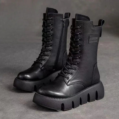 Bottes Cuir Femmes Marron à Lacets Épais