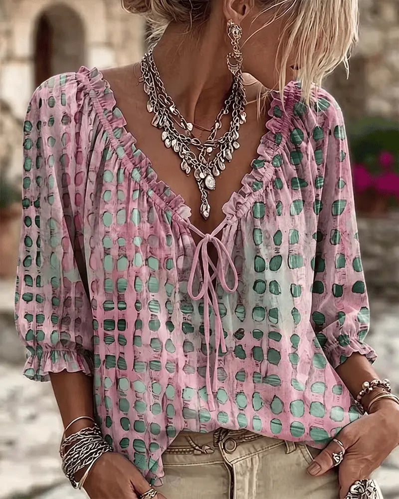 Blouse Femme Coton Col V Noué Style Bohème