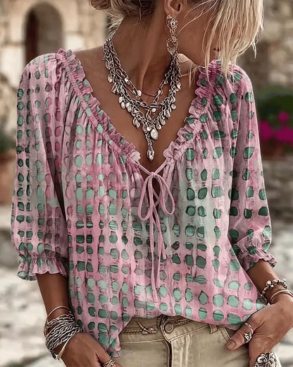 Blouse Femme Coton Col V Noué Style Bohème
