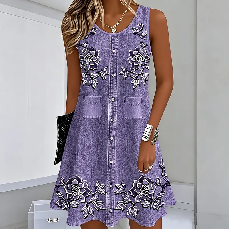 Robe Femme Sans Manches Boutons Devant Coupe Droite