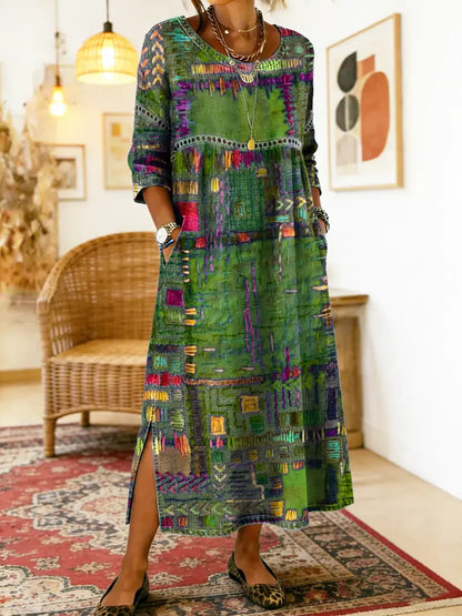 Robe Femme Denim Patchwork Ethnique Coupe Fluide