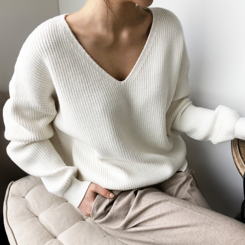 Pull Femme Blanc Col V Décontracté et Confortable - PanierRoyale