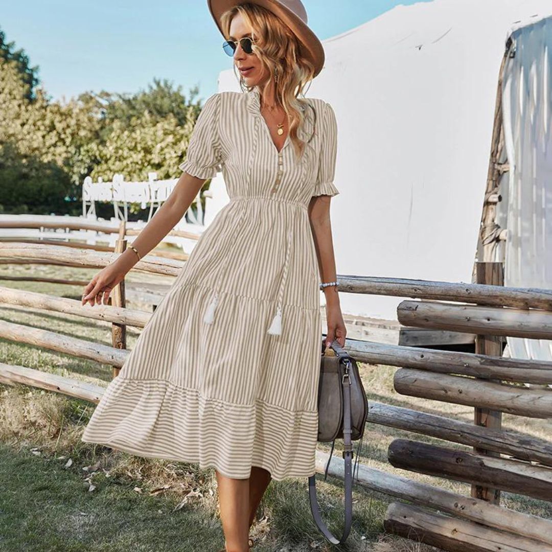 Robe Femme Élégante Midi Rayée avec Pompons