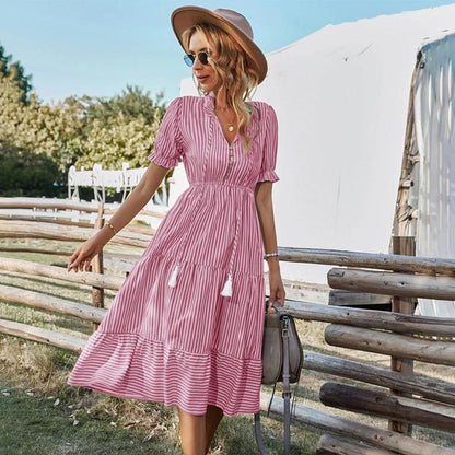Robe Femme Élégante Midi Rayée avec Pompons