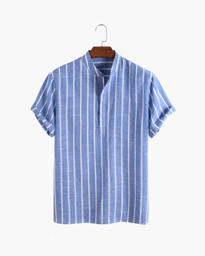Chemise Homme Lin Coton Rayé Col Montant Été - BerlinGlamour