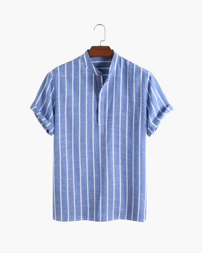 Chemise Homme Lin Coton Rayé Col Montant Été - BerlinGlamour