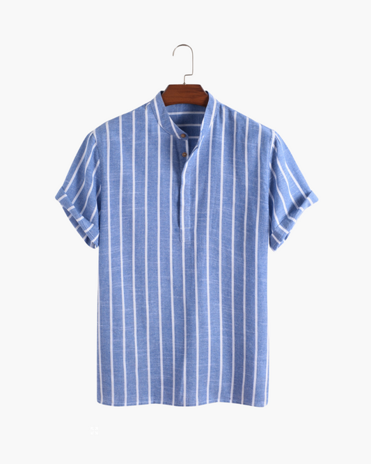 Chemise Homme Lin Coton Rayé Col Montant Été - BerlinGlamour