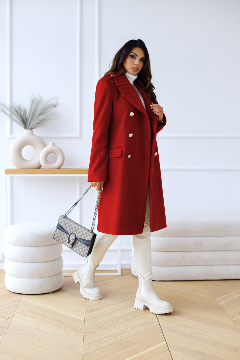 Manteau Long Femme Laine Mélangée Boutons Coupe Élégante