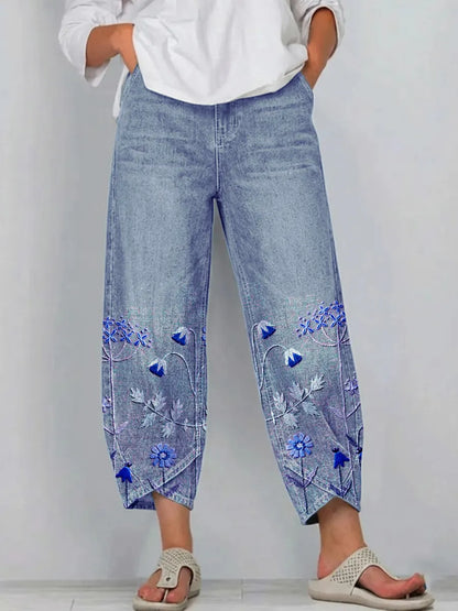 Pantalon Denim Femme Broderie Florale Coupe Droite Style Boho