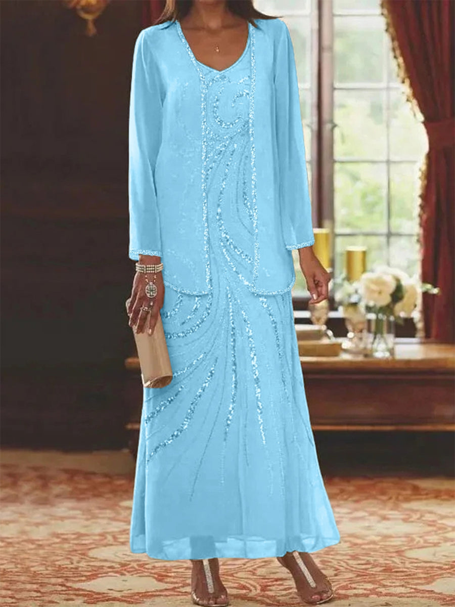 Robe Longue Femme Paillettes Col V Manches Longues avec Veste