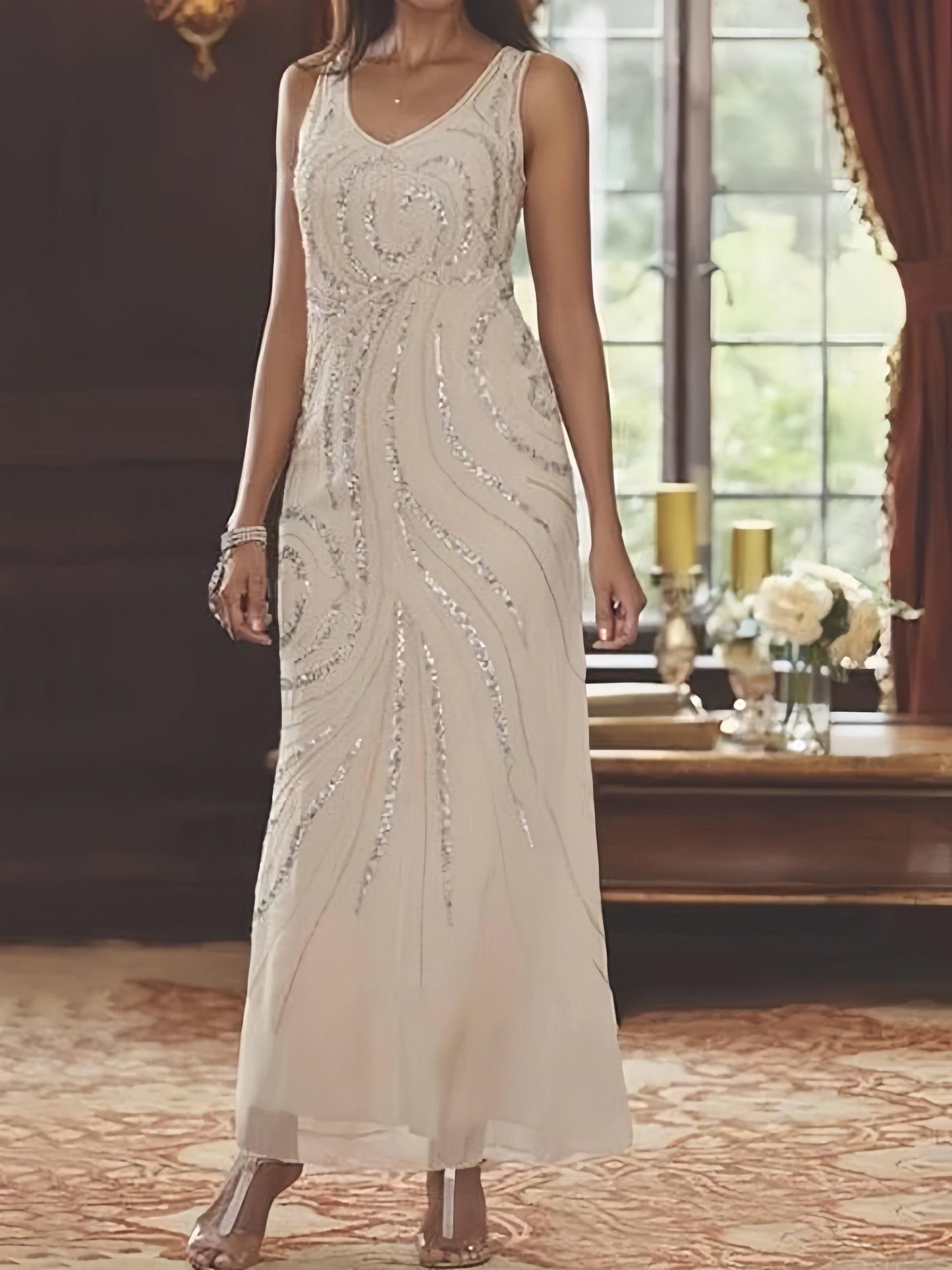Robe Longue Femme Paillettes Col V Manches Longues avec Veste