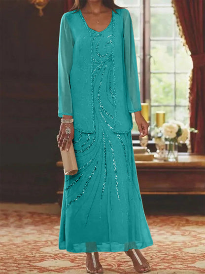 Robe Longue Femme Paillettes Col V Manches Longues avec Veste