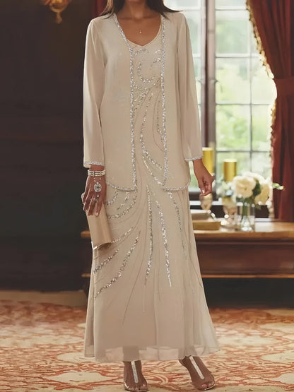 Robe Longue Femme Paillettes Col V Manches Longues avec Veste - PanierRoyale