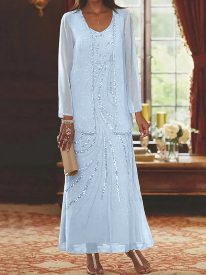 Robe Longue Femme Paillettes Col V Manches Longues avec Veste