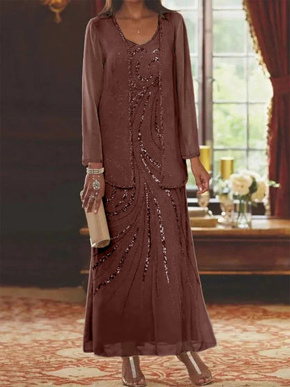 Robe Longue Femme Paillettes Col V Manches Longues avec Veste