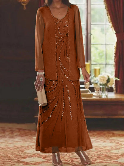 Robe Longue Femme Paillettes Col V Manches Longues avec Veste
