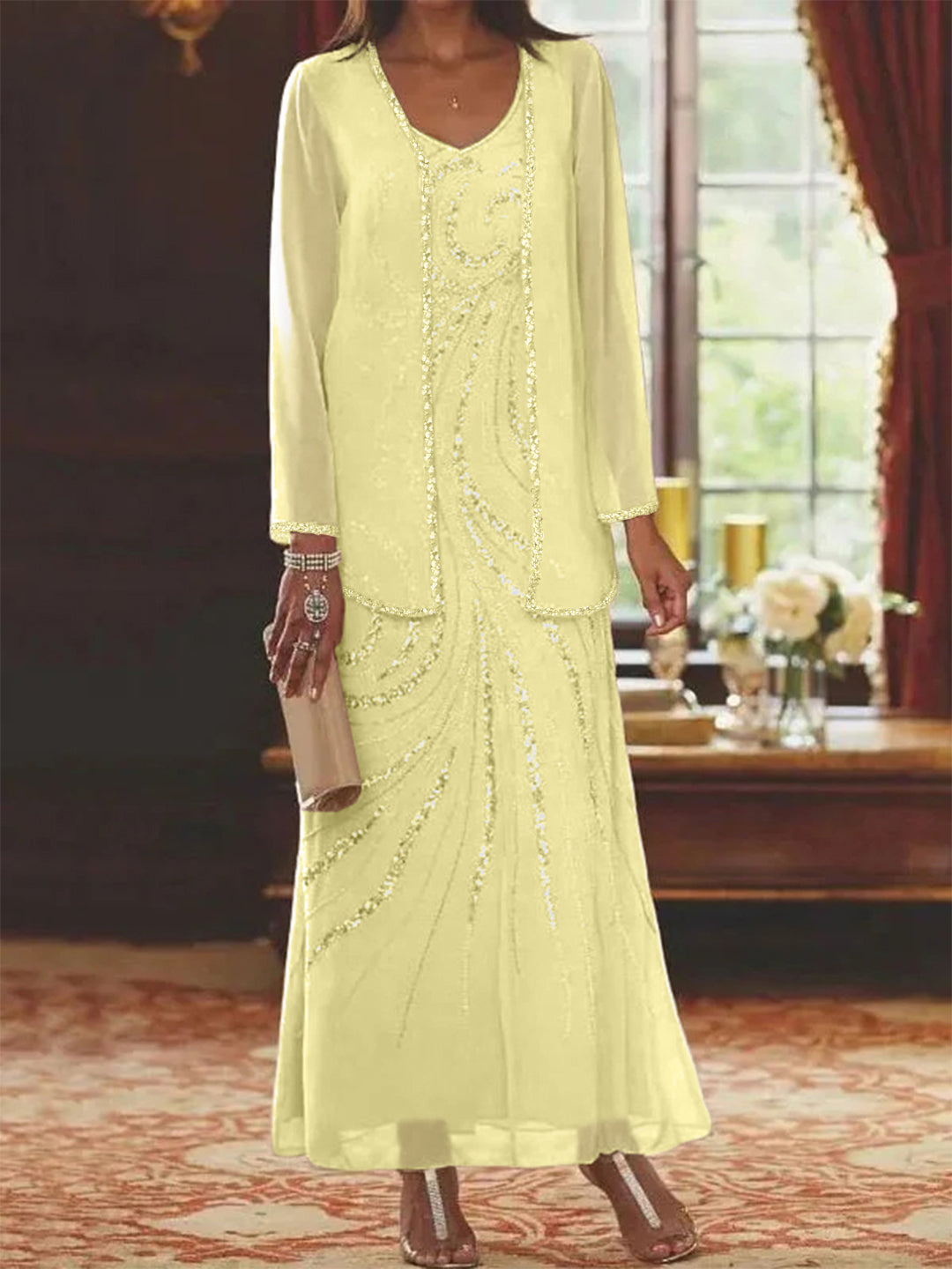 Robe Longue Femme Paillettes Col V Manches Longues avec Veste
