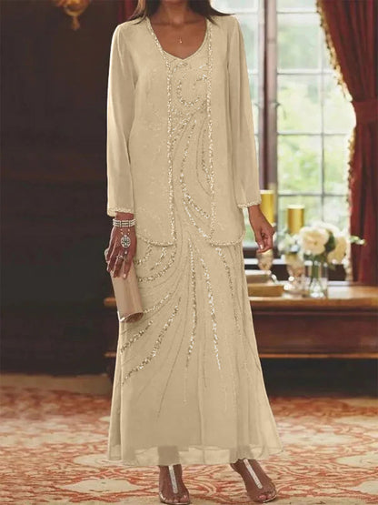 Robe Longue Femme Paillettes Col V Manches Longues avec Veste