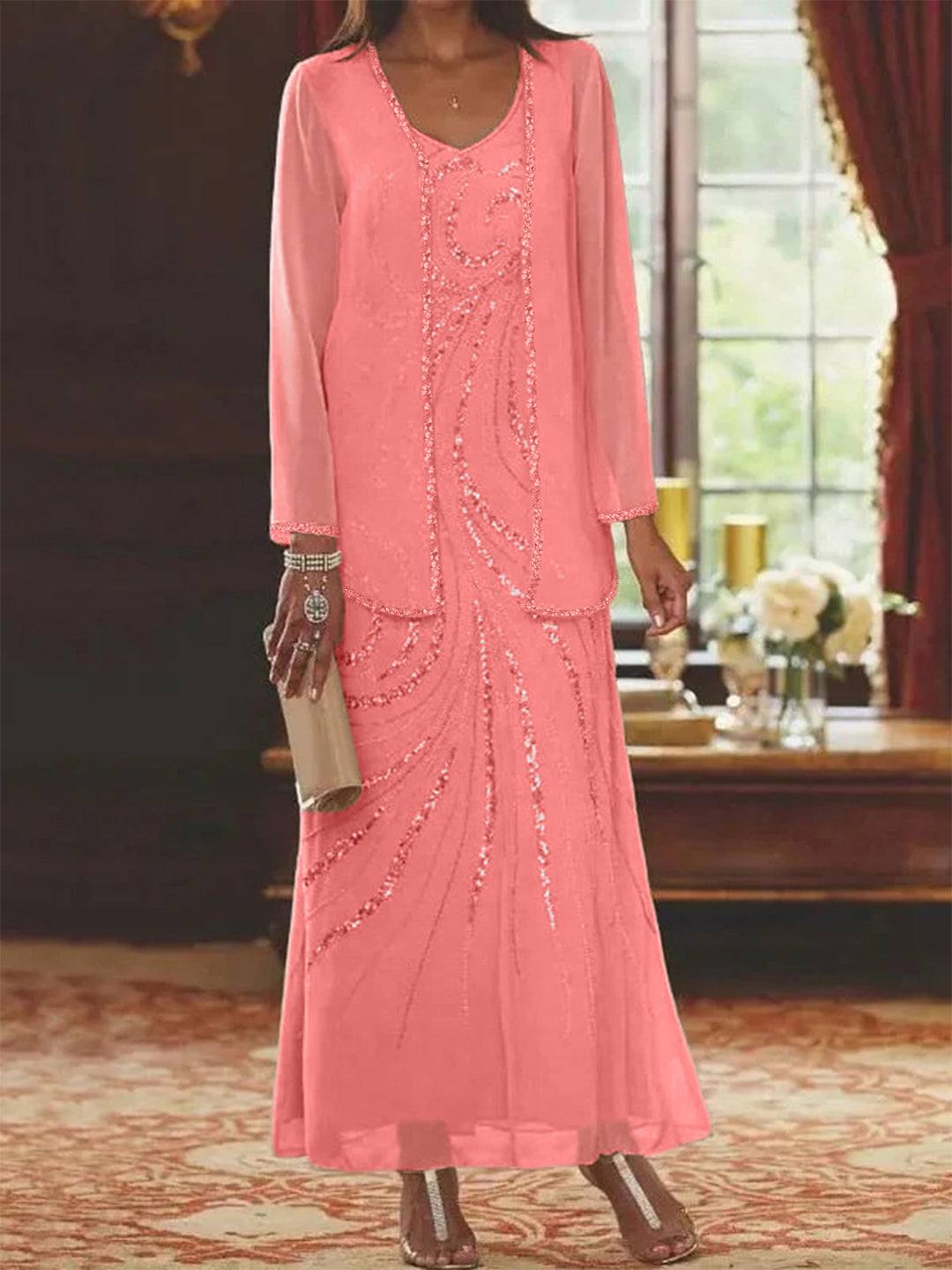 Robe Longue Femme Paillettes Col V Manches Longues avec Veste