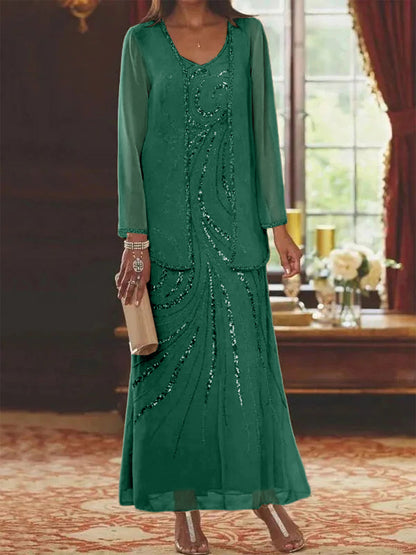 Robe Longue Femme Paillettes Col V Manches Longues avec Veste