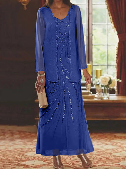 Robe Longue Femme Paillettes Col V Manches Longues avec Veste
