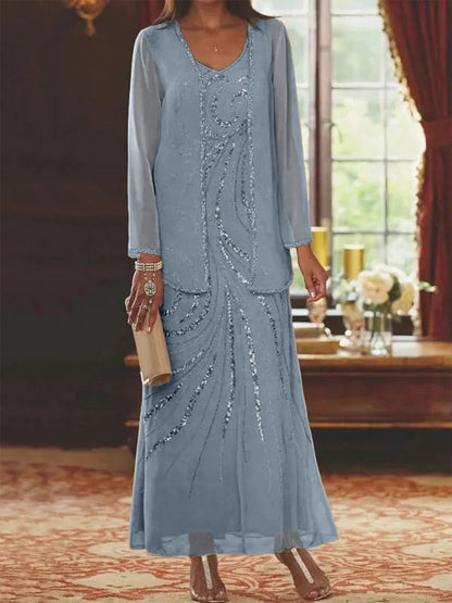 Robe Longue Femme Paillettes Col V Manches Longues avec Veste