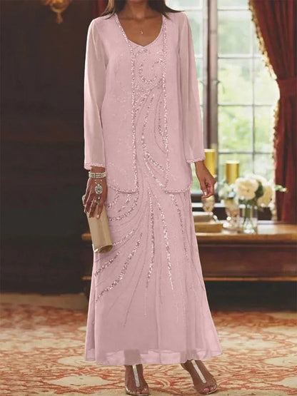 Robe Longue Femme Paillettes Col V Manches Longues avec Veste