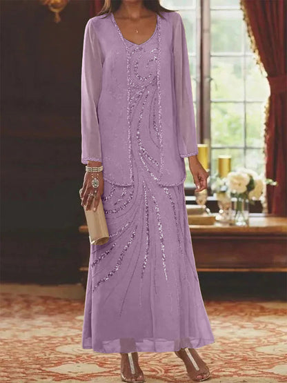 Robe Longue Femme Paillettes Col V Manches Longues avec Veste