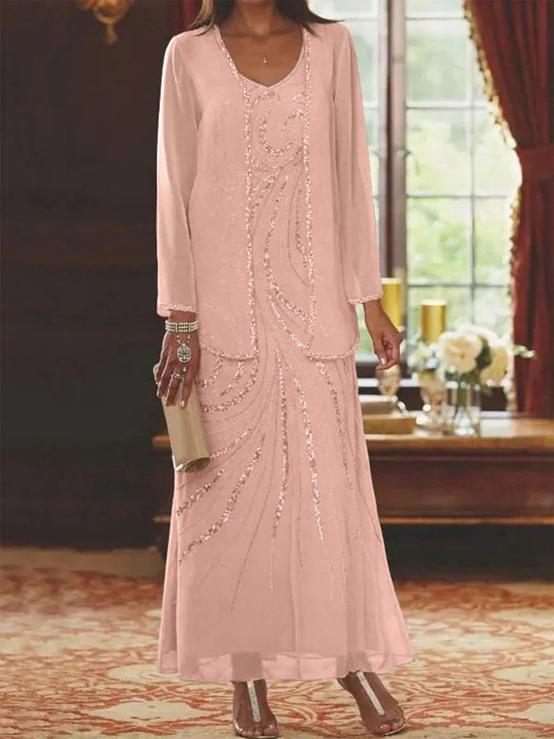 Robe Longue Femme Paillettes Col V Manches Longues avec Veste