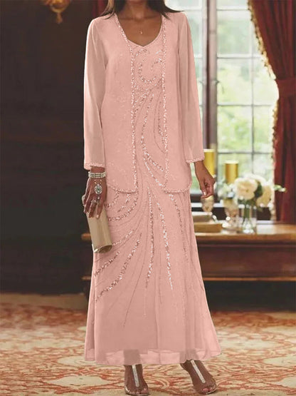 Robe Longue Femme Paillettes Col V Manches Longues avec Veste