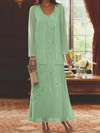 Robe Longue Femme Paillettes Col V Manches Longues avec Veste