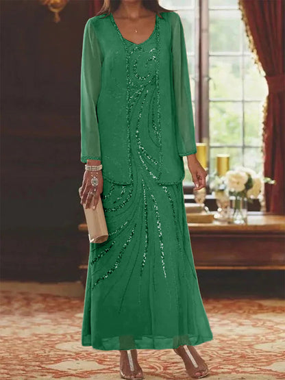 Robe Longue Femme Paillettes Col V Manches Longues avec Veste