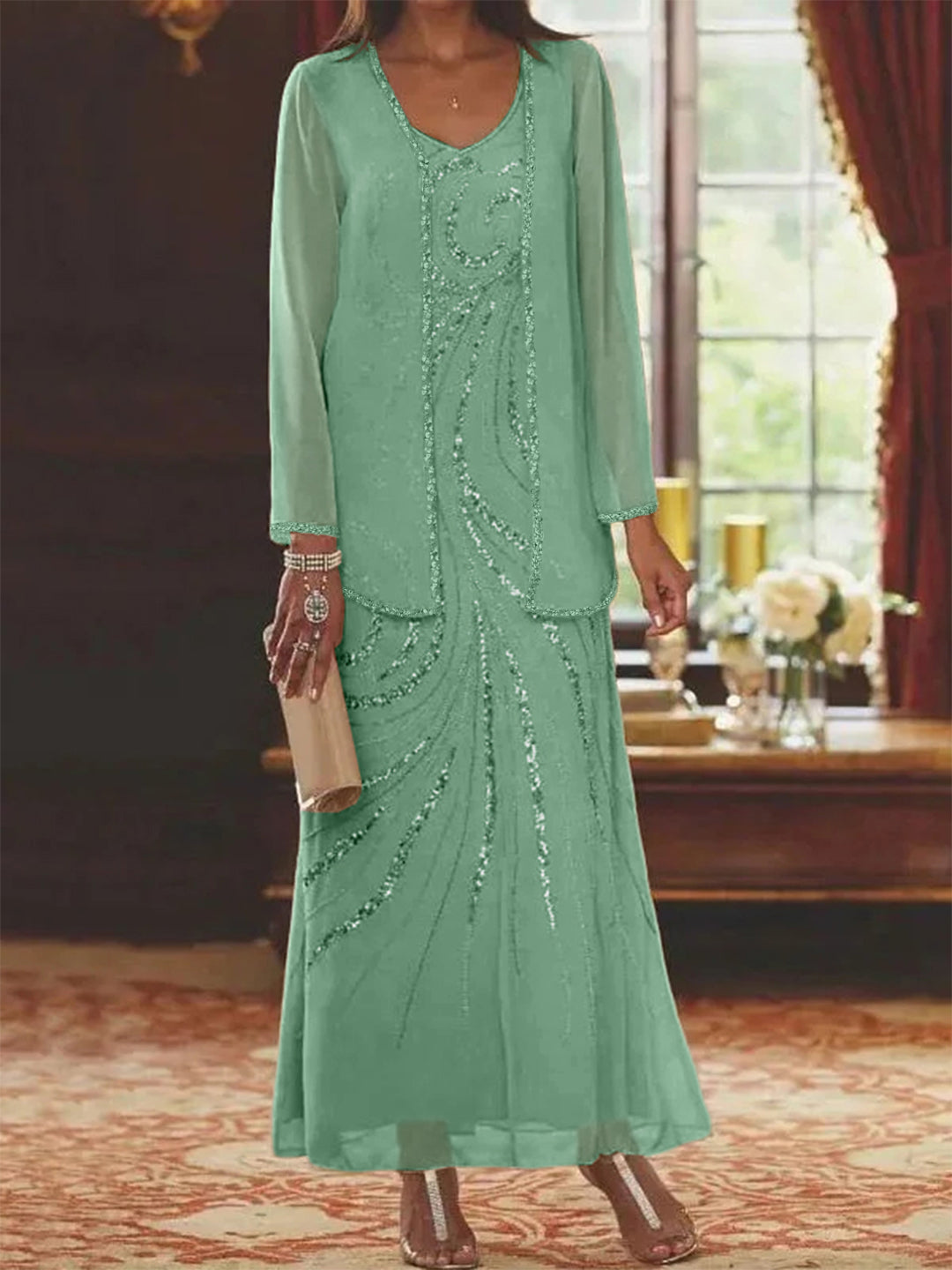 Robe Longue Femme Paillettes Col V Manches Longues avec Veste