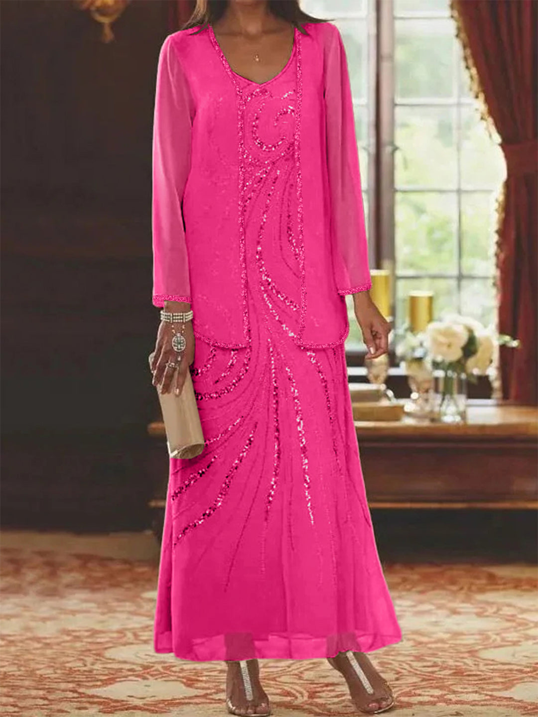 Robe Longue Femme Paillettes Col V Manches Longues avec Veste