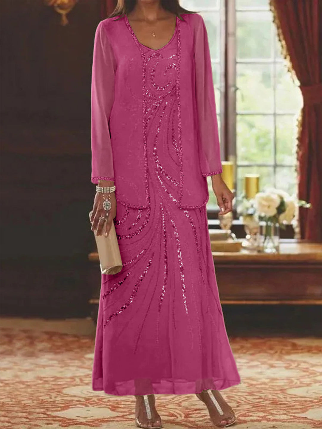 Robe Longue Femme Paillettes Col V Manches Longues avec Veste