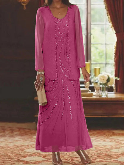 Robe Longue Femme Paillettes Col V Manches Longues avec Veste