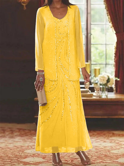 Robe Longue Femme Paillettes Col V Manches Longues avec Veste