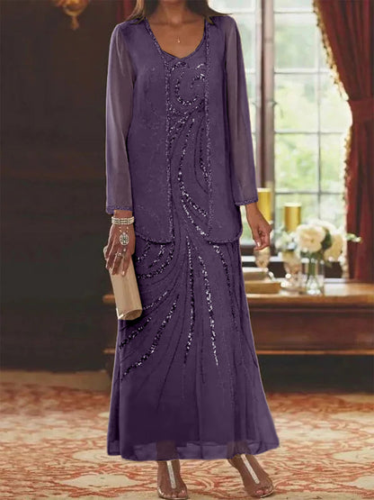 Robe Longue Femme Paillettes Col V Manches Longues avec Veste