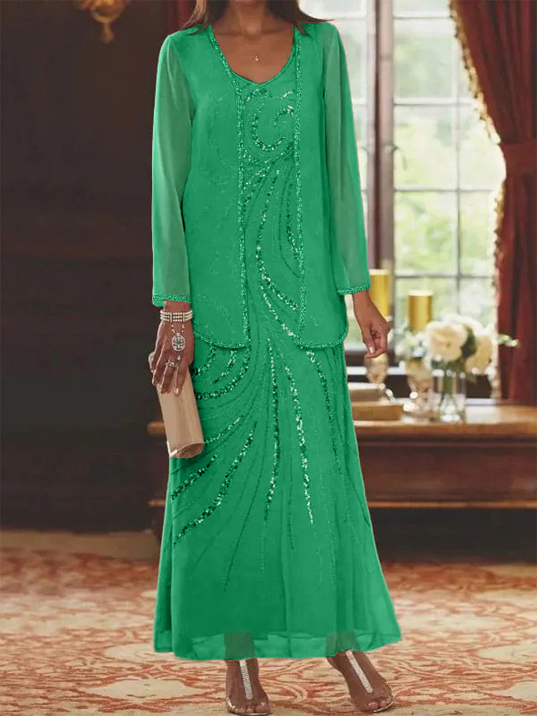 Robe Longue Femme Paillettes Col V Manches Longues avec Veste