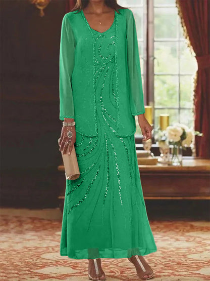 Robe Longue Femme Paillettes Col V Manches Longues avec Veste