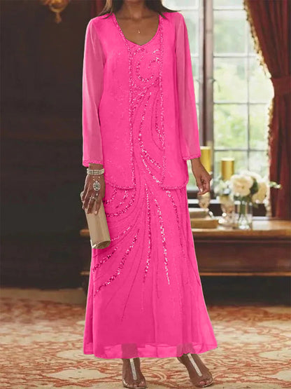 Robe Longue Femme Paillettes Col V Manches Longues avec Veste