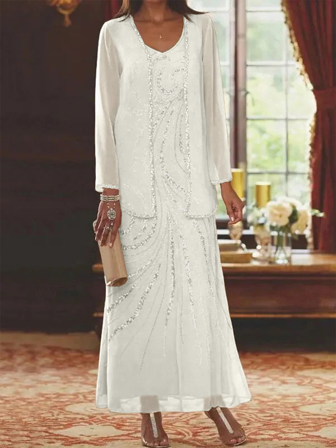 Robe Longue Femme Paillettes Col V Manches Longues avec Veste