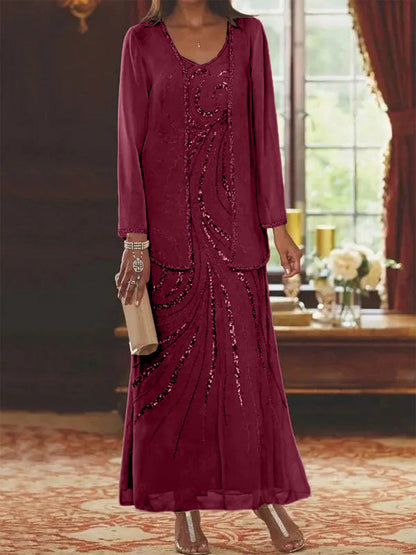 Robe Longue Femme Paillettes Col V Manches Longues avec Veste
