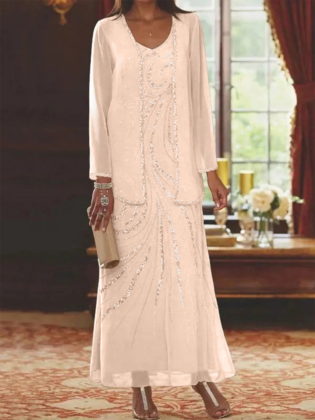 Robe Longue Femme Paillettes Col V Manches Longues avec Veste