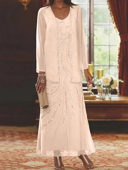 Robe Longue Femme Paillettes Col V Manches Longues avec Veste