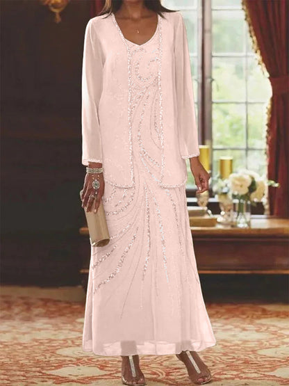 Robe Longue Femme Paillettes Col V Manches Longues avec Veste