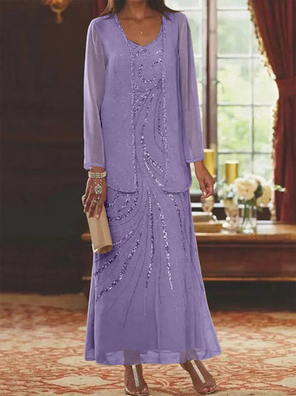 Robe Longue Femme Paillettes Col V Manches Longues avec Veste